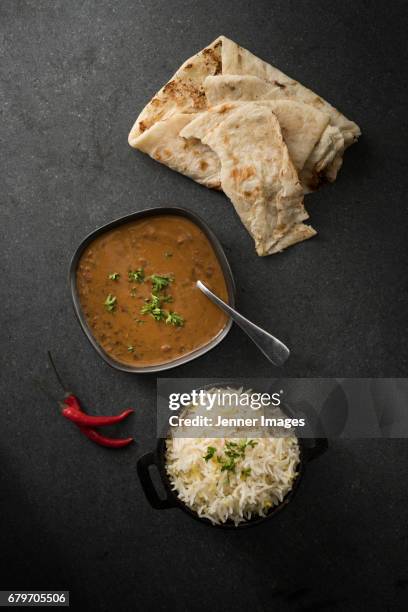 above view of a vegetarian curry meal. - dal stock pictures, royalty-free photos & images