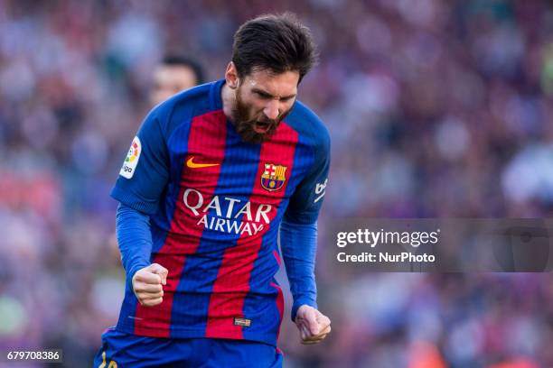 Leo Messi FC Barcelona celebrating his first goal of the night during the Spanish championship Liga football match between FC Barcelona vs Villareal...