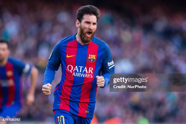 Leo Messi FC Barcelona celebrating his first goal of the night during the Spanish championship Liga football match between FC Barcelona vs Villareal...