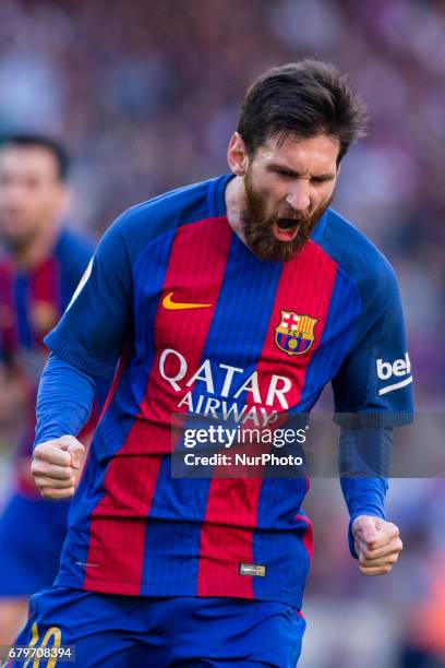 Leo Messi FC Barcelona celebrating his first goal of the night during the Spanish championship Liga football match between FC Barcelona vs Villareal...