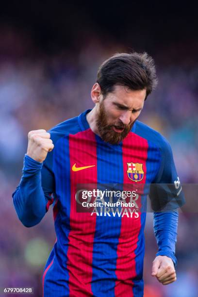 Leo Messi FC Barcelona celebrating his first goal of the night during the Spanish championship Liga football match between FC Barcelona vs Villareal...