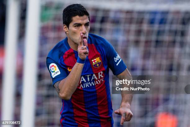 Luis Suarez of FC Barcelona celebrating his first goal of the match during the Spanish championship Liga football match between FC Barcelona vs...