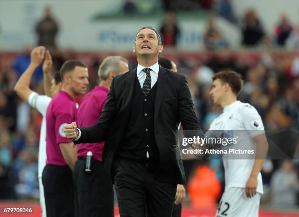 Swansea manager Paul Clement celebrates his team's win after the Premier League match between Swansea City and Everton at The Liberty Stadium on May...