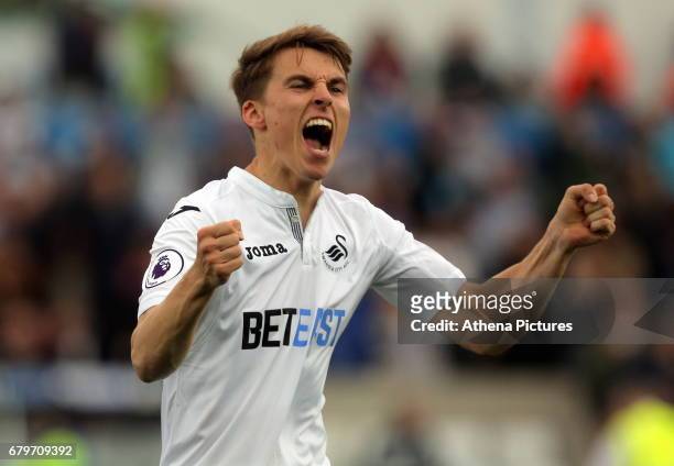 Tom Carroll of Swansea City celebrates his team's win after the Premier League match between Swansea City and Everton at The Liberty Stadium on May...