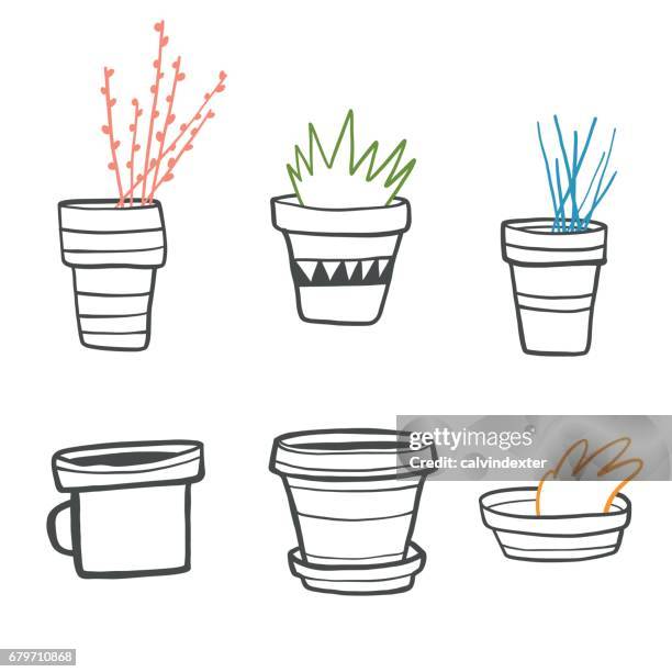 illustrations, cliparts, dessins animés et icônes de ensemble de pots à fleurs dessinées à la main - cache pot