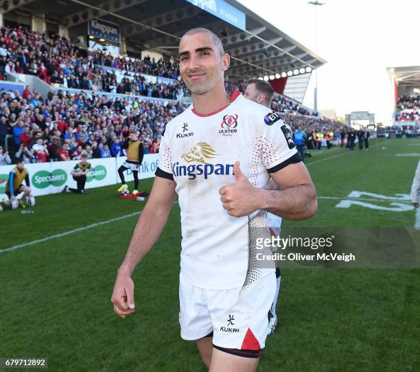 Antrim , Ireland - 6 May 2017; Ruan Pienaar of Ulster during a lap of honour after his farwell game for Ulster in the Guinness PRO12 Round 22 match...