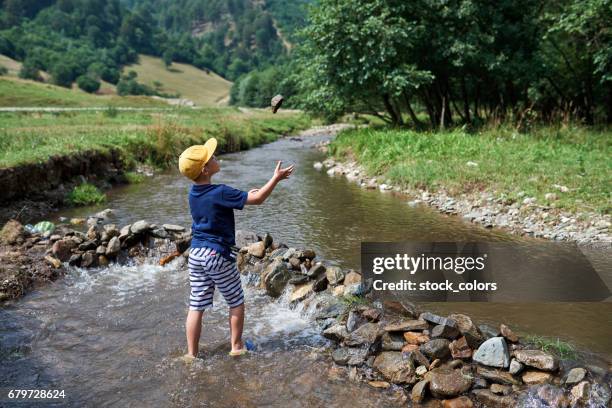 playful kid outdoors - throwing rocks stock pictures, royalty-free photos & images