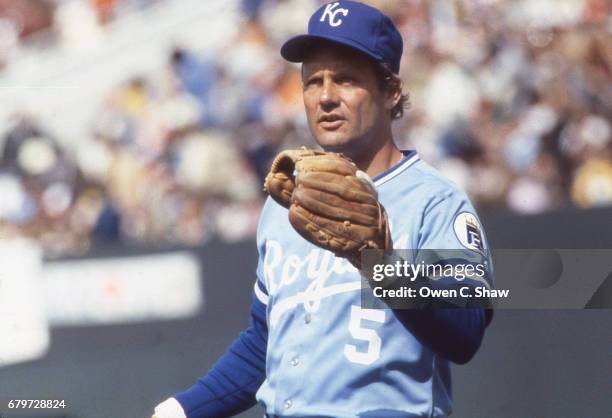George Brett of the Kansas City Royals circa 1983 against the Baltimore Orioles at Memorial Stadium in Baltimore, Maryland.