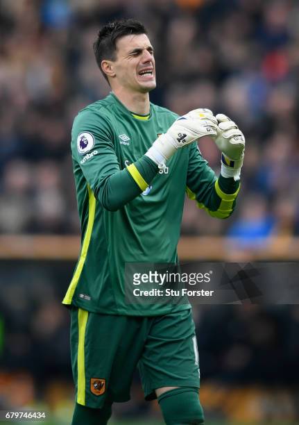 Hull goalkeeper Eldin Jakupovic reacts during the Premier League match between Hull City and Sunderland at KCOM Stadium on May 6, 2017 in Hull,...