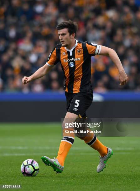 Hull captain Harry Maguire in action during the Premier League match between Hull City and Sunderland at KCOM Stadium on May 6, 2017 in Hull, England.