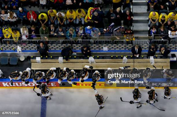 Philip Gogulla of Germany celebrates after scoring during the 2017 IIHF Ice Hockey World Championship game between Germany and Sweden at Lanxess...
