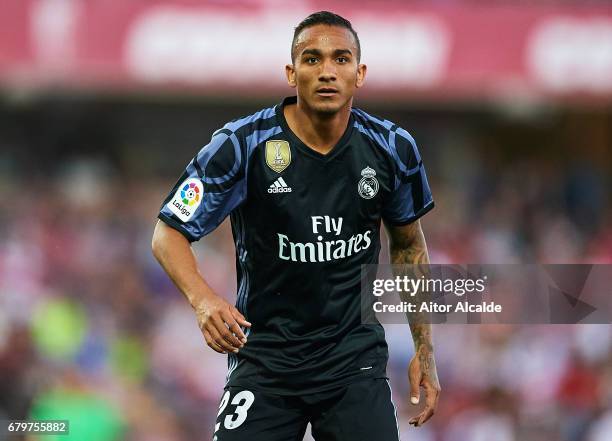 Danilo of Real Madrid CF ilooks on during the La Liga match between Granada CF v Real Madrid CF at Estadio Nuevo Los Carmenes on May 6, 2017 in...