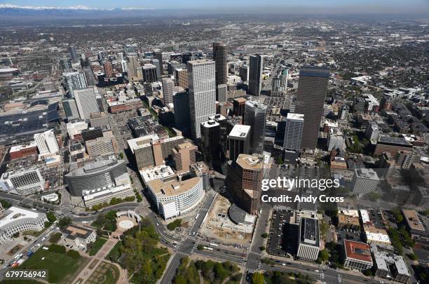 View of downtown Denver on board the brand new Children's Hospital Flight for Life H130 T2 helicopter May 5, 2017 in Aurora, Colorado. The new...