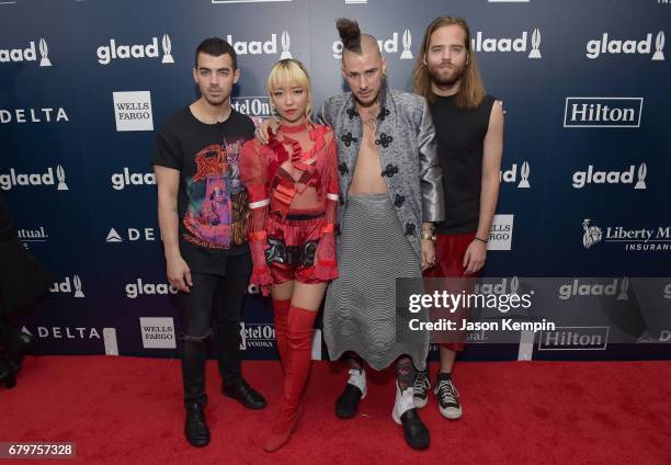 Members of DNCE Joe Jonas, JinJoo Lee, Cole Whittle and Jack Lawless attend 28th Annual GLAAD Media Awards at The Hilton Midtown on May 6, 2017 in...