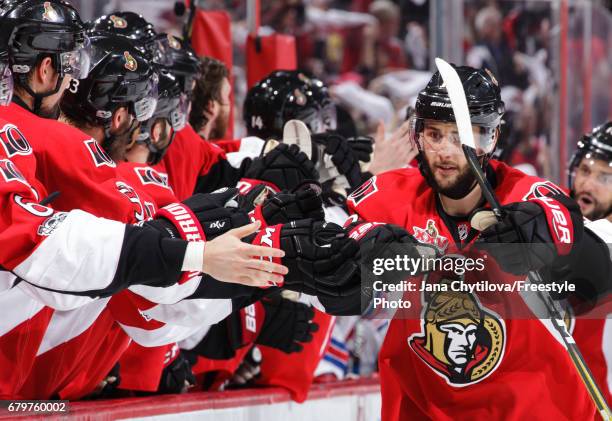 Derick Brassard of the Ottawa Senators celebrates his third period game tying goal against the New York Rangers in Game Five of the Eastern...