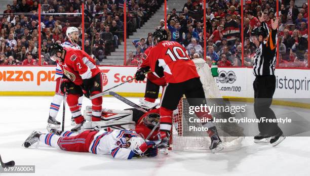 Jimmy Vesey of the New York Rangers lies on the ice after scoring a third period goal that was initially deemed a no-goal but after video review the...