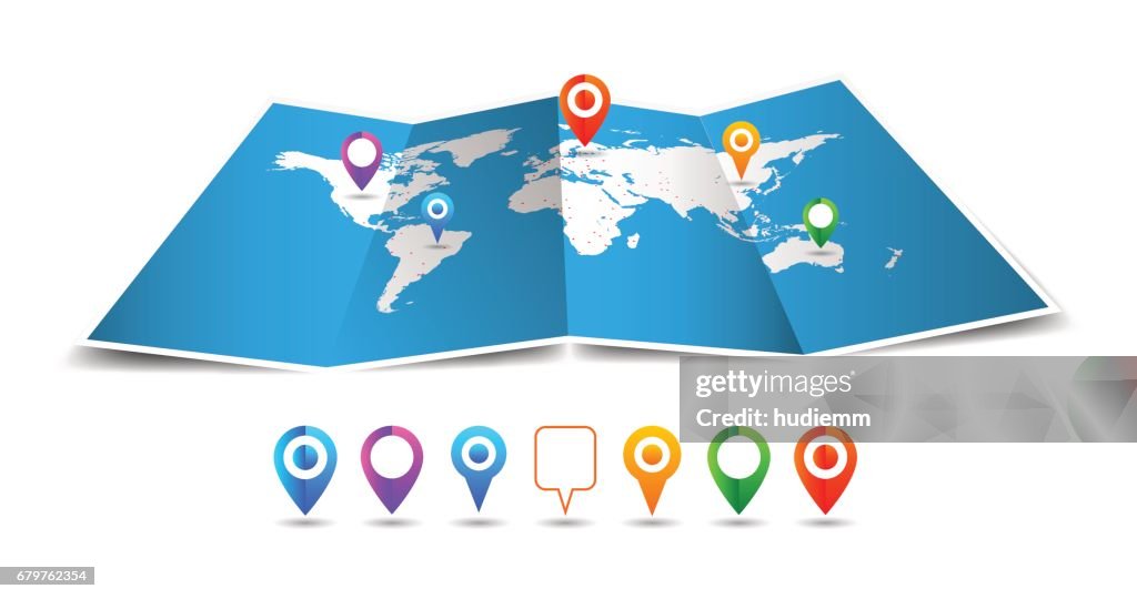 Vector World Map Folded With Pin Isolated On White Background High-Res ...
