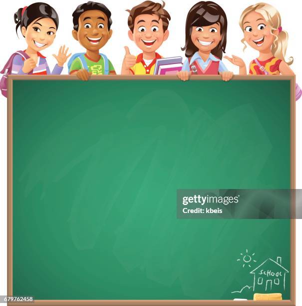 ilustraciones, imágenes clip art, dibujos animados e iconos de stock de niños de la escuela detrás de la pizarra - niños-africanos-negros-sonriendo
