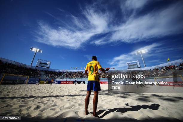 Rodrigo of Brazil looks on during the FIFA Beach Soccer World Cup Bahamas 2017 semi final match between Brazil and Italy at National Beach Soccer...