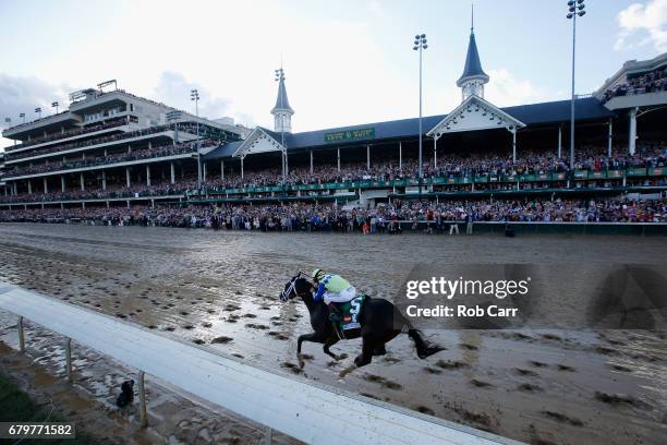 Always Dreaming, ridden by jockey John Velazquez, runs down the stretch on the way to winning the 143rd running of the Kentucky Derby at Churchill...