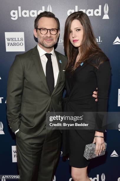 Christian Slater and Brittany Lopez attend 28th Annual GLAAD Media Awards at The Hilton Midtown on May 6, 2017 in New York City.