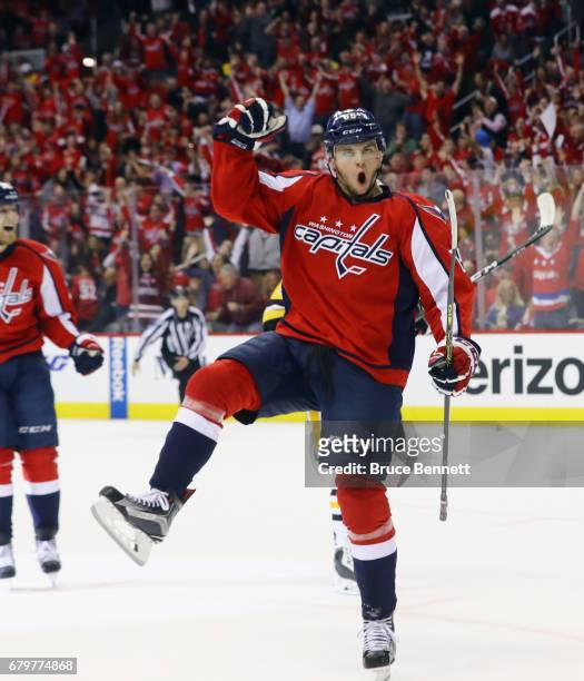 Andre Burakovsky of the Washington Capitals celebrates his goal at 19:30 of teh first period against the Pittsburgh Penguins in Game Five of the...
