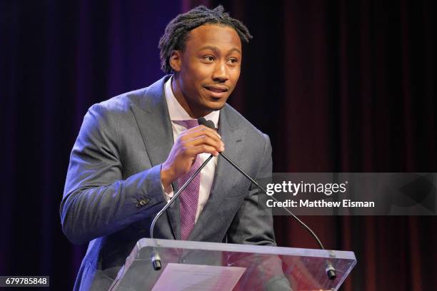 Football player Brandon Marshall speaks onstage during the 60th Anniversary New York Emmy Awards Gala at Marriott Marquis Times Square on May 6, 2017...