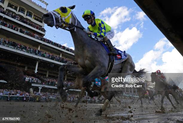 Always Dreaming, ridden by jockey John Velazquez, races down the front stretch during the 143rd running of the Kentucky Derby at Churchill Downs on...