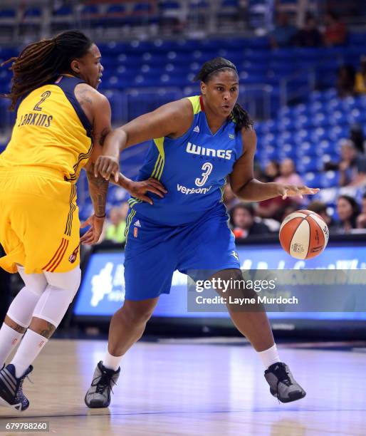 Courtney Paris of the Dallas Wings drives to the basket against Indiana Fever in a WNBA game on May 6, 2017 at College Park Center in Arlington,...