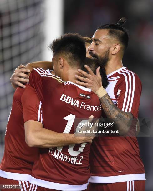 Lucas Alario of River Plate and teammates celebrate the second goal of his team during a match between River Plate and Temperley as part of Torneo...