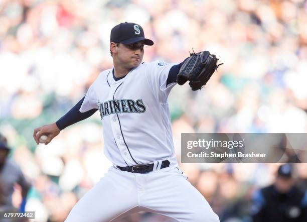 Starter Chase De Jong of the Seattle Mariners delivers a pitch during the first inning of a game against the Texas Rangers at Safeco Field on May 6,...