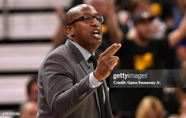 Acting head coach Mike Brown of the Golden State Warriors gestures during the first half against the Utah Jazz in Game Three of the Western...