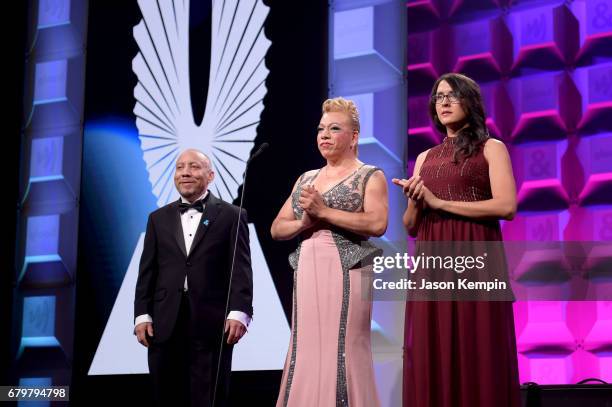 Kylar W. Broadus, Bamby Salcedo and Sydney Freeland speak on stage at the 28th Annual GLAAD Media Awards at The Hilton Midtown on May 6, 2017 in New...
