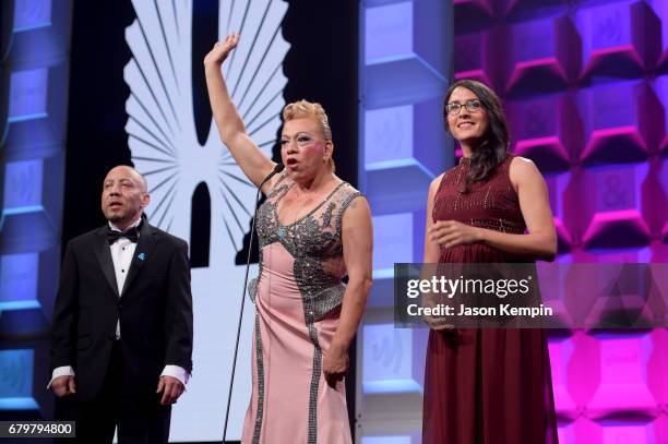 Kylar W. Broadus, Bamby Salcedo and Sydney Freeland speak on stage at the 28th Annual GLAAD Media Awards at The Hilton Midtown on May 6, 2017 in New...