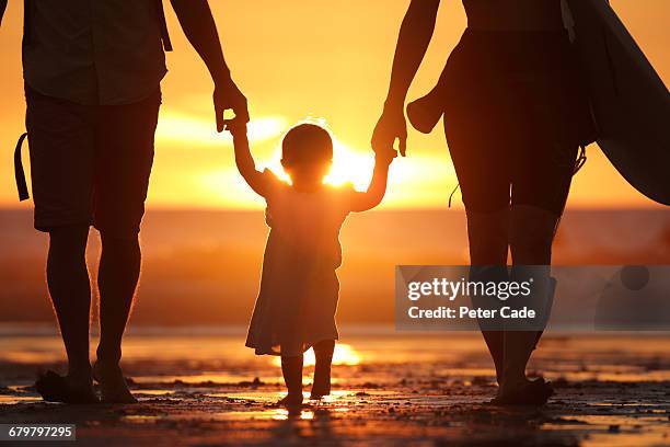 toddler walking on beach with parents at sunset - girl beach sunset stock-fotos und bilder