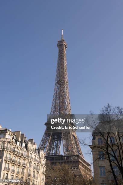 tour eiffel et immeuble haussmannien - romantisme stock-fotos und bilder