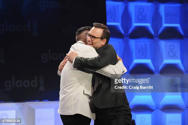 Television personality Ross Mathews and actor Christian Slater appear onstage as Ketel One Vodka sponsors the 28th Annual GLAAD Media Awards in New...