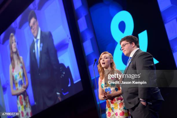AnnaSophia Robb and Gavin Grimm speak on stage at the 28th Annual GLAAD Media Awards at The Hilton Midtown on May 6, 2017 in New York City.