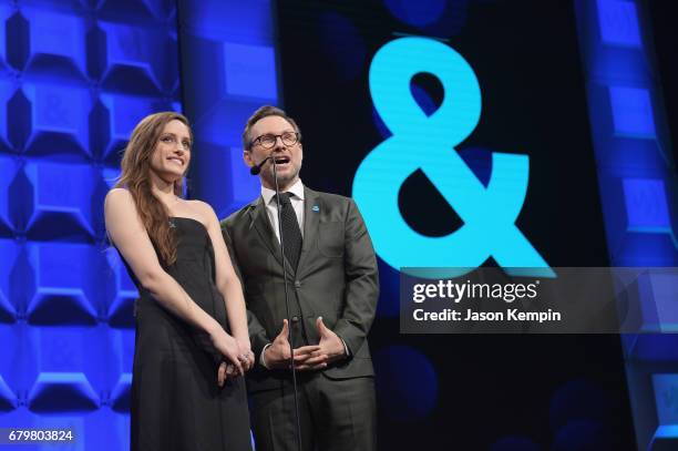 Carly Chaikin and Christian Slater Speak onstage at the 28th Annual GLAAD Media Awards at The Hilton Midtown on May 6, 2017 in New York City.