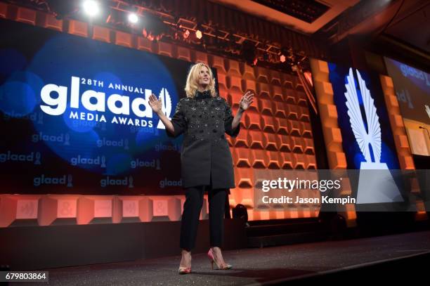 President and CEO of GLAAD Sarah Kate Ellis speaks on stage at the 28th Annual GLAAD Media Awards at The Hilton Midtown on May 6, 2017 in New York...