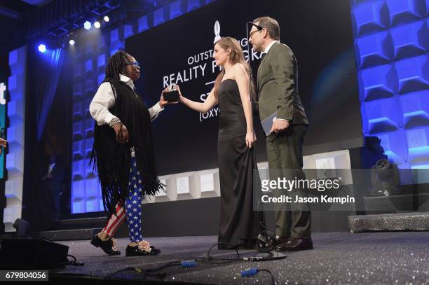 Whoopi Goldberg, Carly Chaikin and Christian Slater speak onstage at the 28th Annual GLAAD Media Awards at The Hilton Midtown on May 6, 2017 in New...