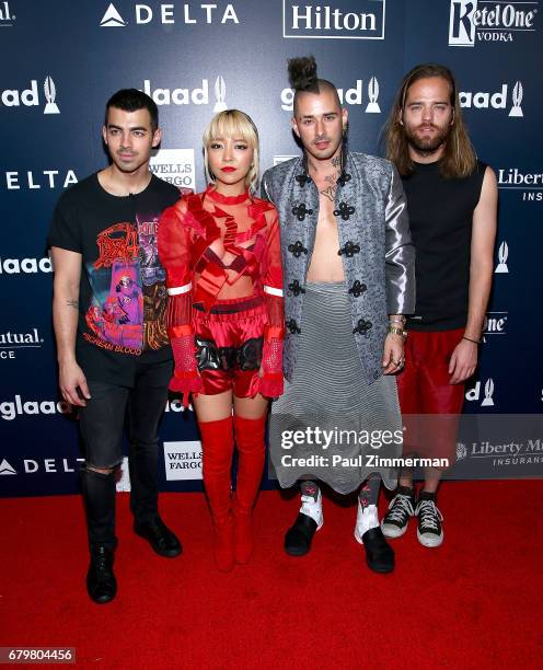 Joe Jonas, JinJoo Lee, Cole Whittle and Jack Lawless of band DNCE attend the 28th Annual GLAAD Awards at New York Hilton Midtown on May 6, 2017 in...
