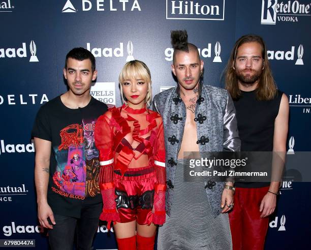 Joe Jonas, JinJoo Lee, Cole Whittle and Jack Lawless of band DNCE attend the 28th Annual GLAAD Awards at New York Hilton Midtown on May 6, 2017 in...
