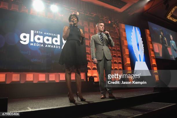 Tamara Stewart and Zeke Stokes of GLAAD speak on stage at the 28th Annual GLAAD Media Awards at The Hilton Midtown on May 6, 2017 in New York City.