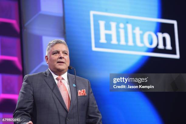 Senior Director of Global Diversity and Inclusion for Hilton Jon G. Munoz speak onstage during the 28th Annual GLAAD Media Awards at The Hilton...