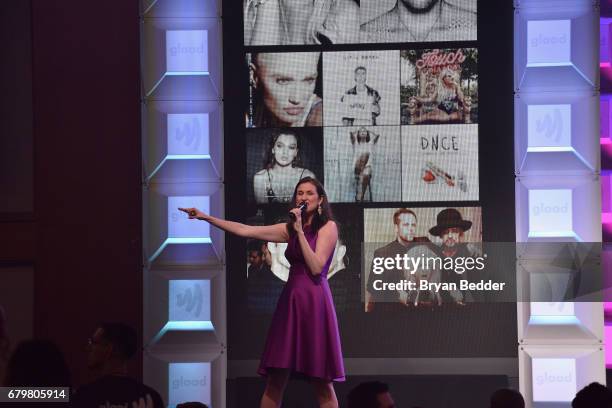 Christie's Auction House SVP Lydia Fenet auctions on stage at the 28th Annual GLAAD Media Awards at The Hilton Midtown on May 6, 2017 in New York...