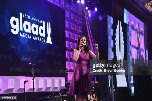 Christie's Auction House SVP Lydia Fenet auctions on stage at the 28th Annual GLAAD Media Awards at The Hilton Midtown on May 6, 2017 in New York...