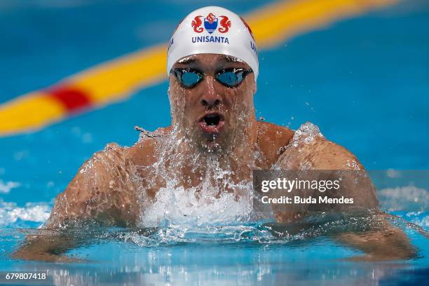 Thiago Teixeira Simon of Brazil competes in the Men's 200m Breaststroke final during Maria Lenk Swimming Trophy 2017 - Day 5 at Maria Lenk Aquatics...