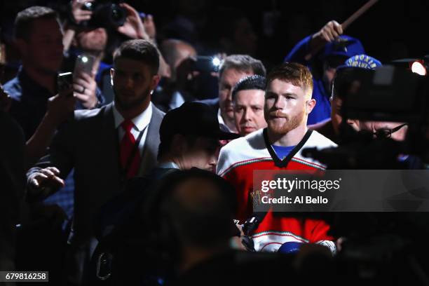 Canelo Alvarez is introduced prior to facing Julio Cesar Chavez Jr. During their catchweight bout at T-Mobile Arena on May 6, 2017 in Las Vegas,...