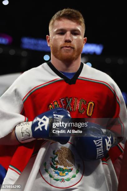 Canelo Alvarez is introduced prior to facing Julio Cesar Chavez Jr. During their catchweight bout at T-Mobile Arena on May 6, 2017 in Las Vegas,...